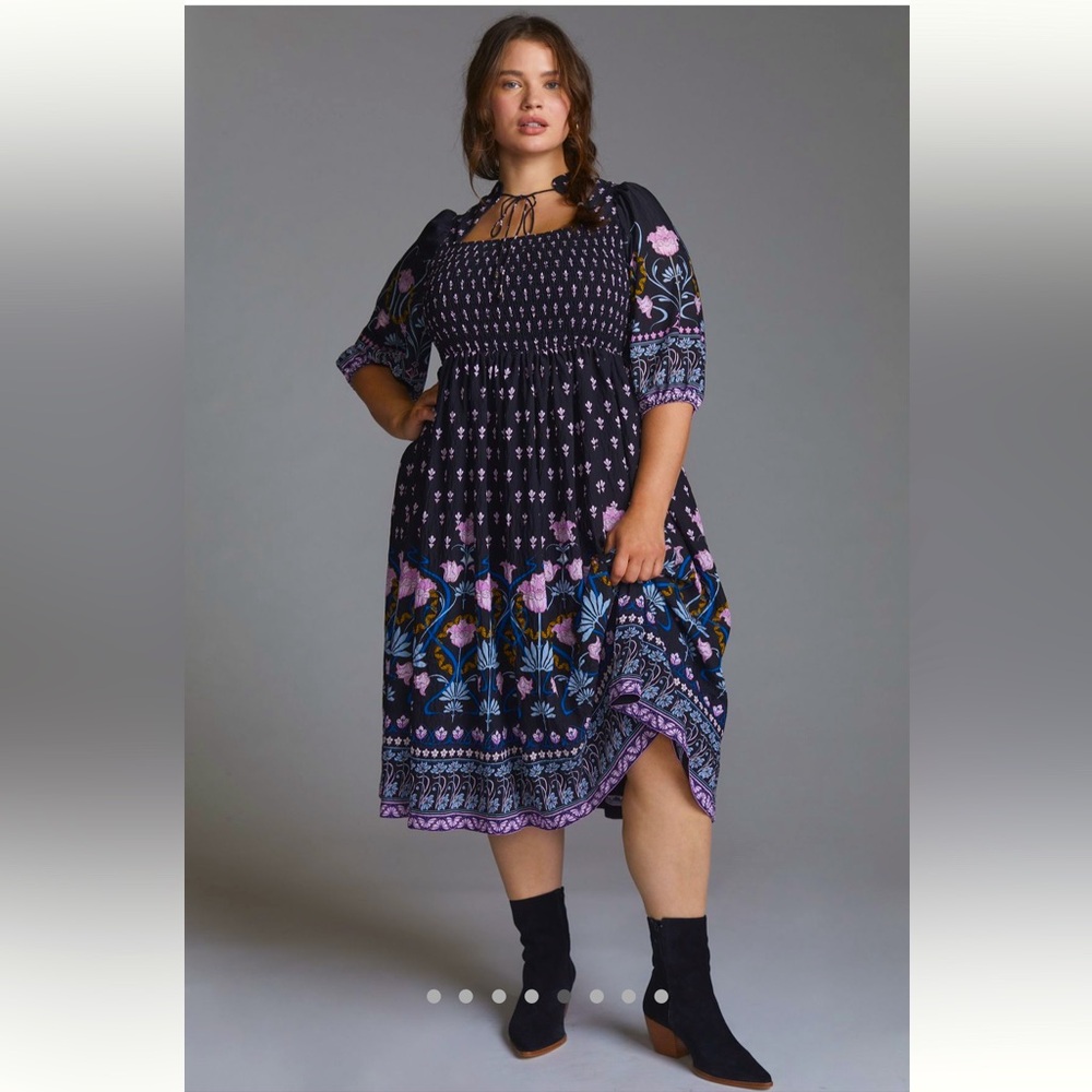 Anthropologie Floral Midi Dress - Black and Purple